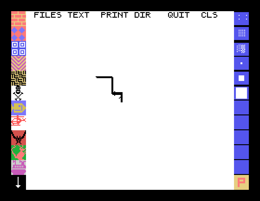 The spray can in use: a thick black line with the spray patterns in the right hand column and P in the status box