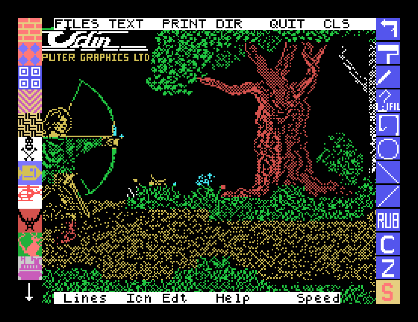 Mouse Art on the Tatung Einstein showing one of the pictures supplied on its disc: an archer drawing a bow beside a large red tree in a forest, framed by Mouse Art's pattern and tool icons