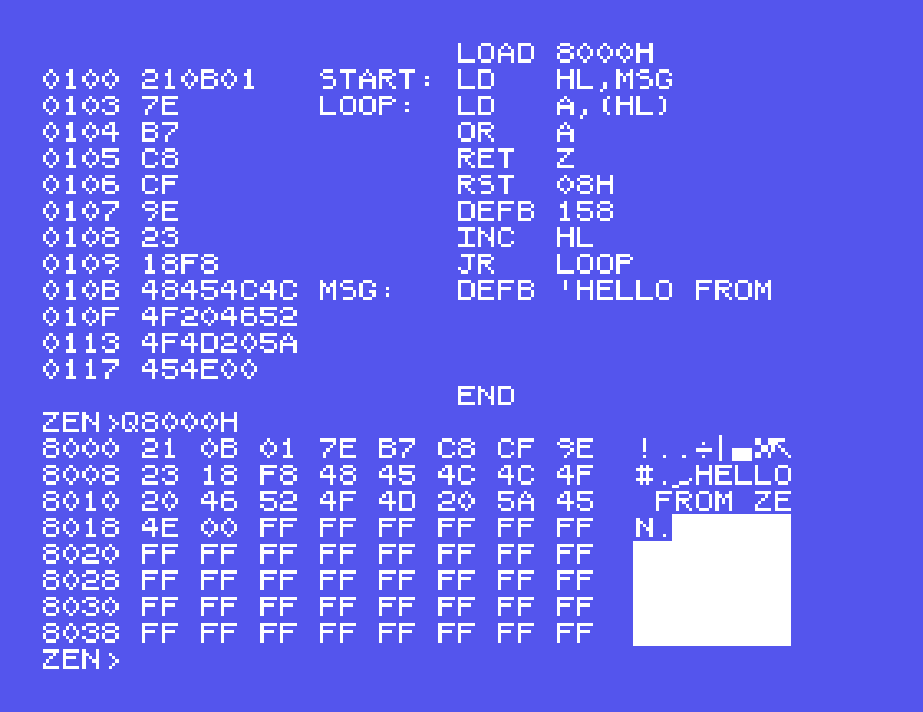 Q8000H: hex bytes 21 0B 01 7E B7 C8 CF 9E and the text HELLO FROM ZEN