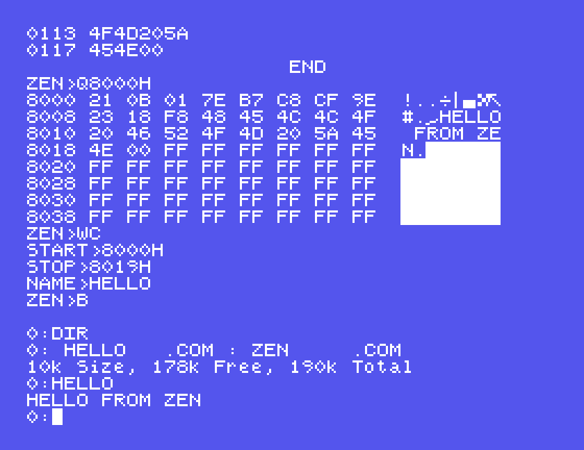Back at DOS: DIR lists HELLO.COM and ZEN.COM, and HELLO prints HELLO FROM ZEN