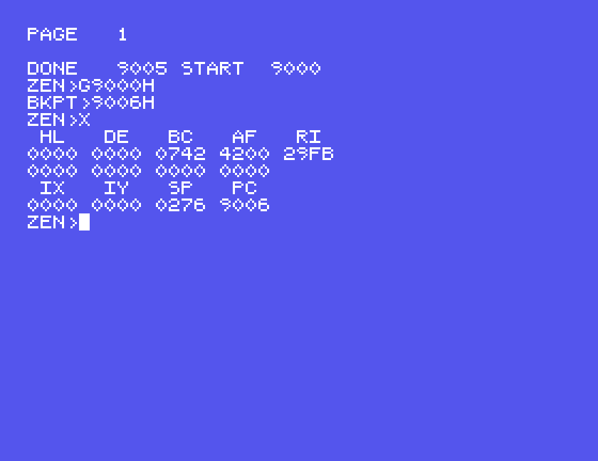S lists DONE 9005 and START 9000; G9000H with BKPT 9006H; then X shows BC 0742, AF 4200 and PC 9006