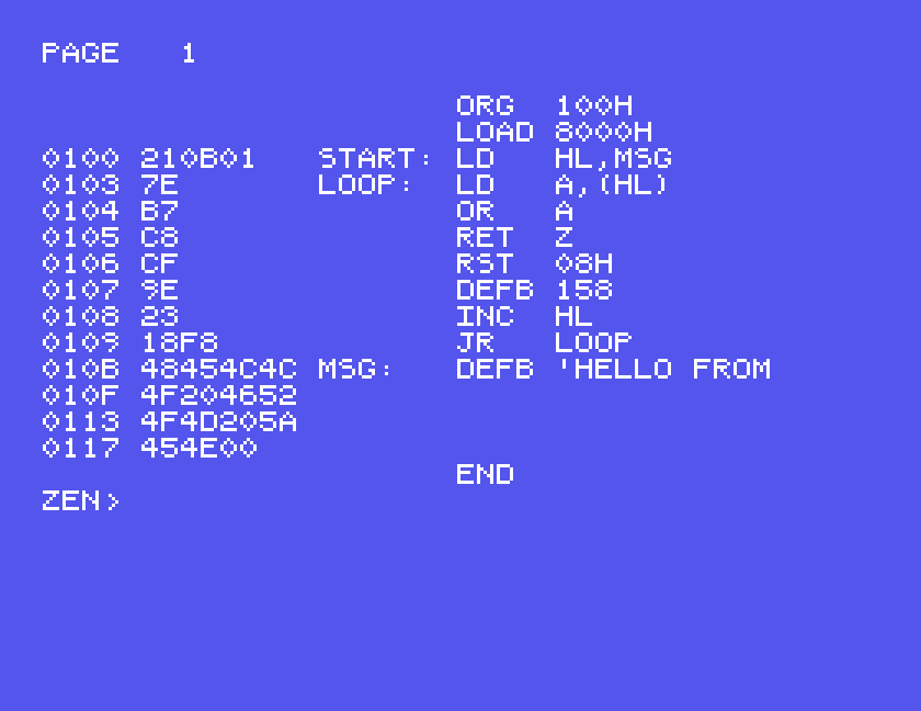 A Zen assembly listing on the Einstein: addresses and machine code on the left, labels and instructions on the right