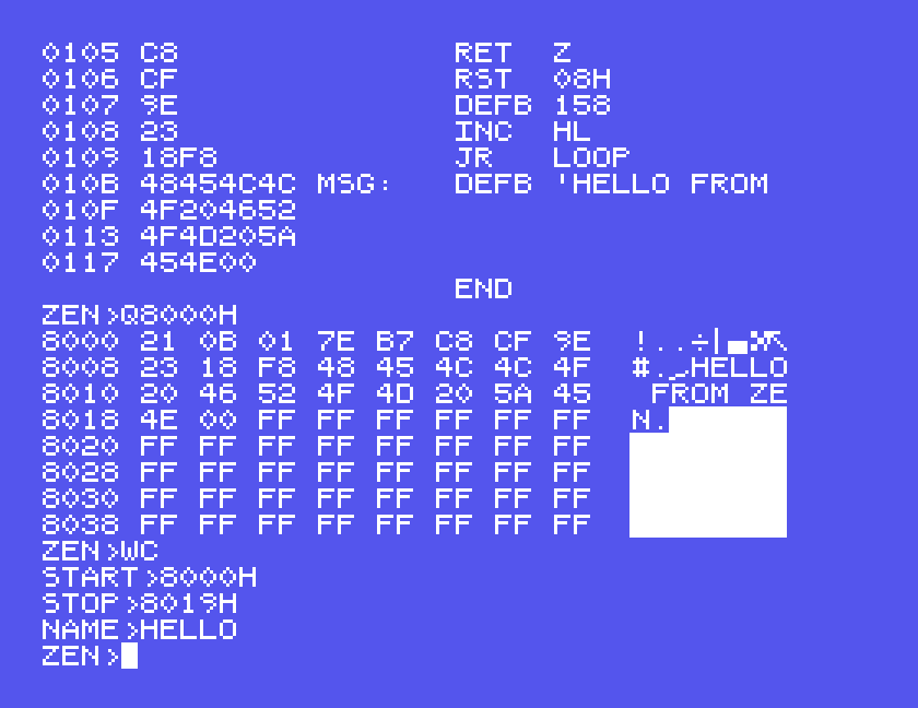 WC with START 8000H, STOP 8019H and NAME HELLO