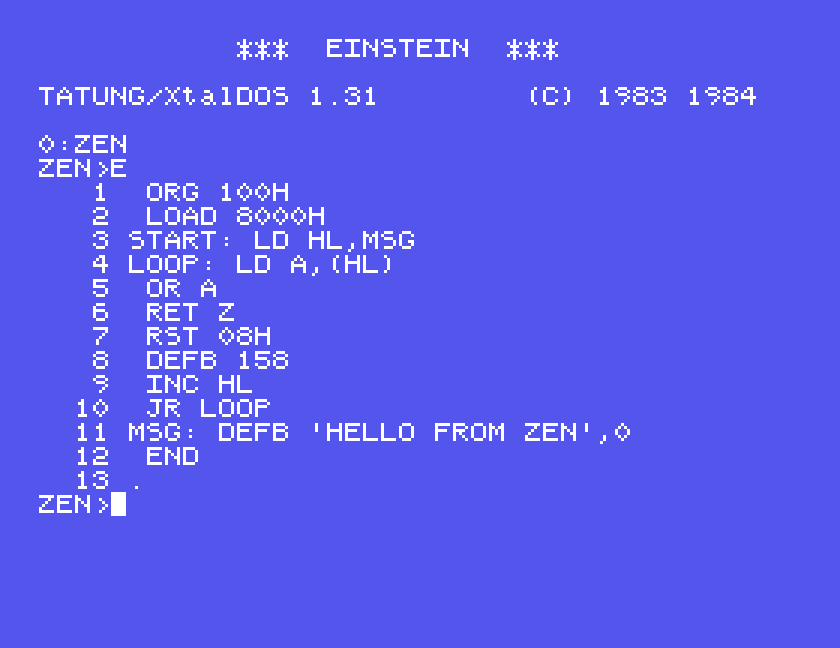 The program typed in after E, lines numbered 1 to 12, and a full stop on line 13