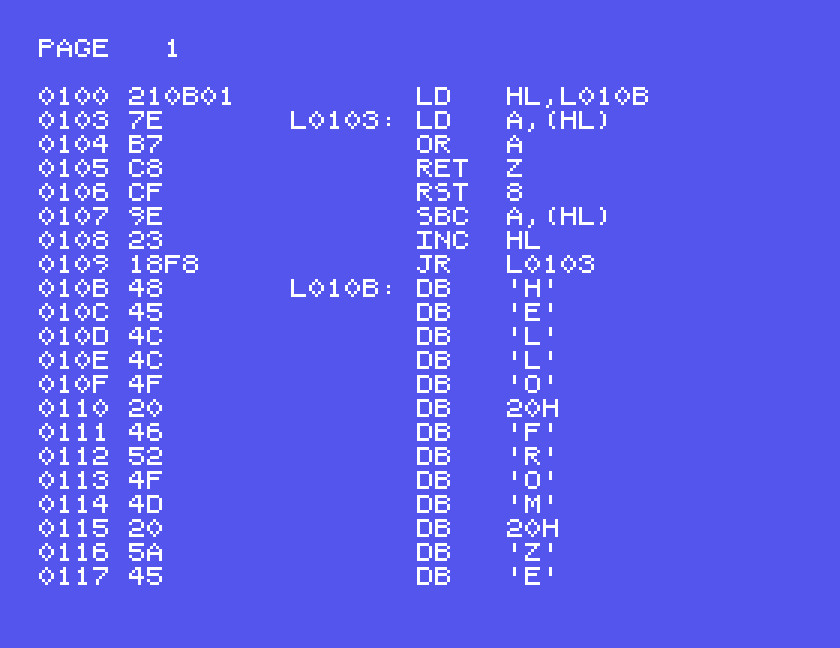 The disassembly of HELLO at 100H: LD HL,L010B, a label L0103 on the loop, JR L0103, and the message as DB 'H', DB 'E' and so on