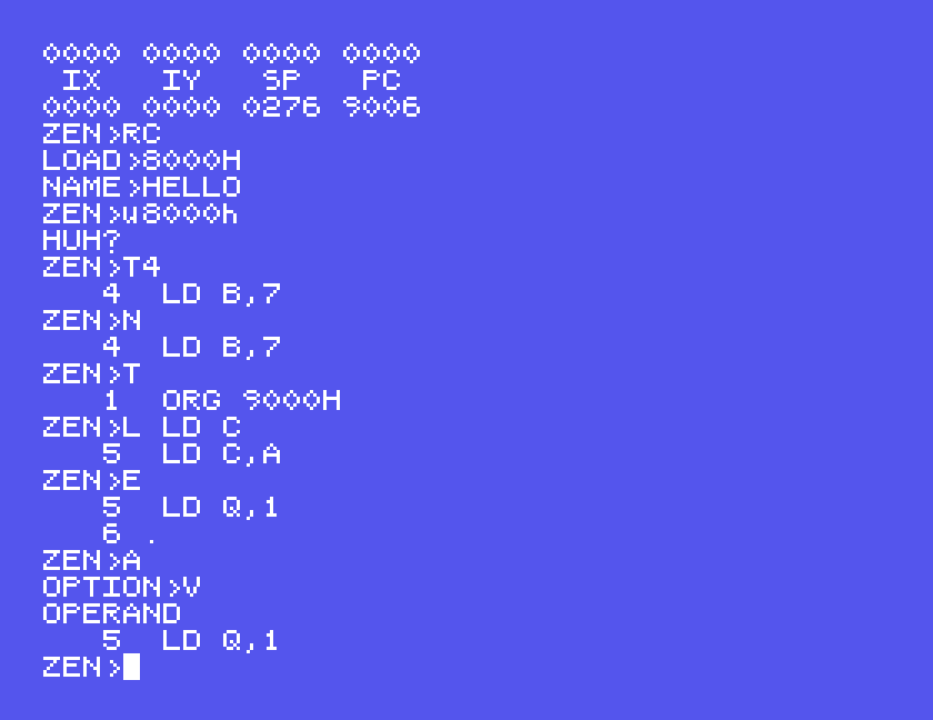 The error OPERAND, followed by the line in question, LD Q,1