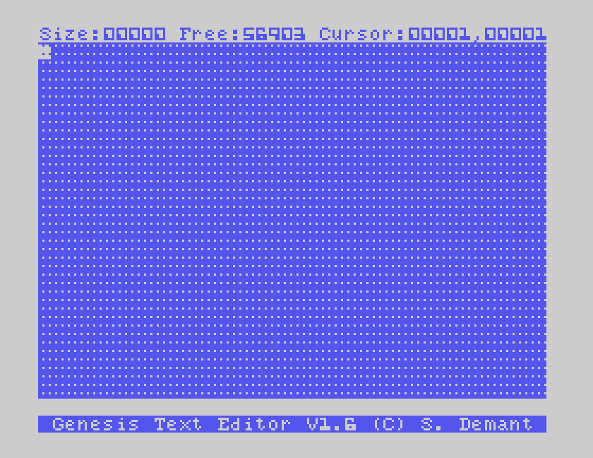 Genesis Text Editor running in MAME on the Tatung Einstein: an empty document with the size, free memory and cursor readout at the top and the credit line Genesis Text Editor V1.6 (C) S. Demant at the bottom