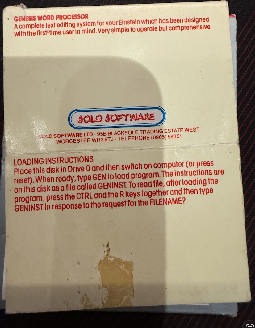 The back of the Genesis Word Processor case, with Solo Software Ltd's Worcester address and the loading instructions