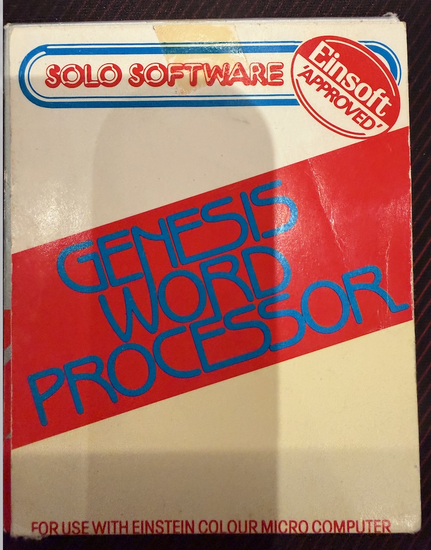 The front of the Genesis Word Processor case: Solo Software, an Einsoft Approved badge, and For use with Einstein Colour Micro Computer