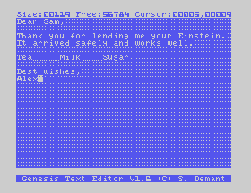 Genesis with a short letter on screen: the status line at the top, the text, and the title bar at the bottom