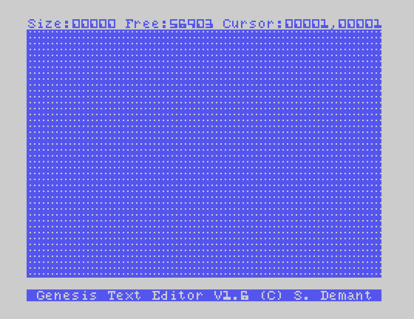 The empty editor: Size:00000 Free:56903 Cursor:00001,00001 across the top, a screen of dots, and Genesis Text Editor V1.6 (C) S. Demant along the bottom