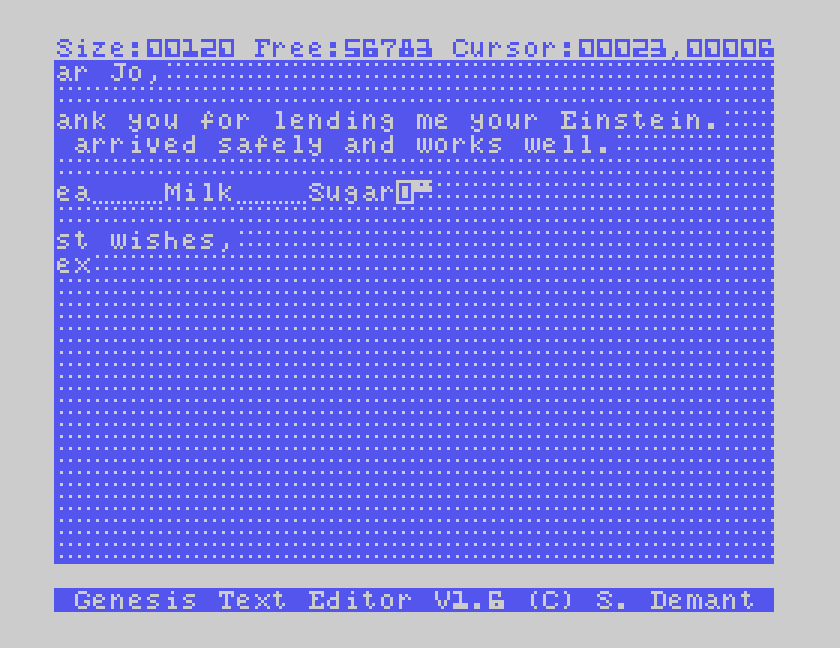 A marker at the start and end of the Tea Milk Sugar line. The screen has slid left because the cursor is past halfway