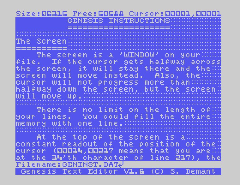 The instructions loaded: GENESIS INSTRUCTIONS, then The Screen and its first paragraphs