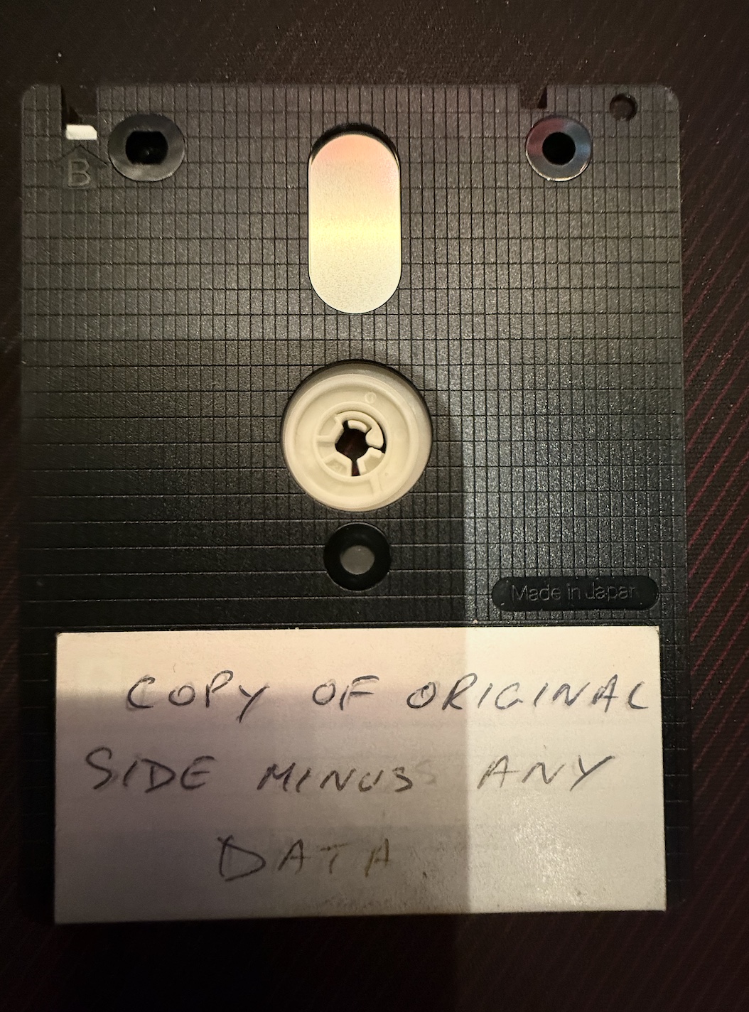 Side B of the disc: handwritten label Copy of original side minus any data