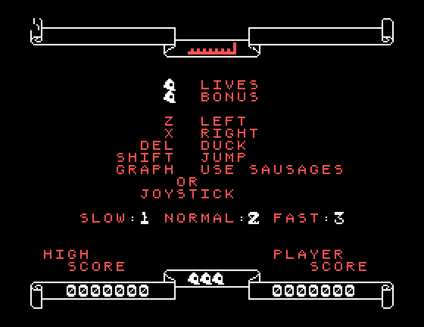 Punchy's title screen in MAME on the Tatung Einstein: lives, bonus, the key controls and a choice of Slow, Normal or Fast