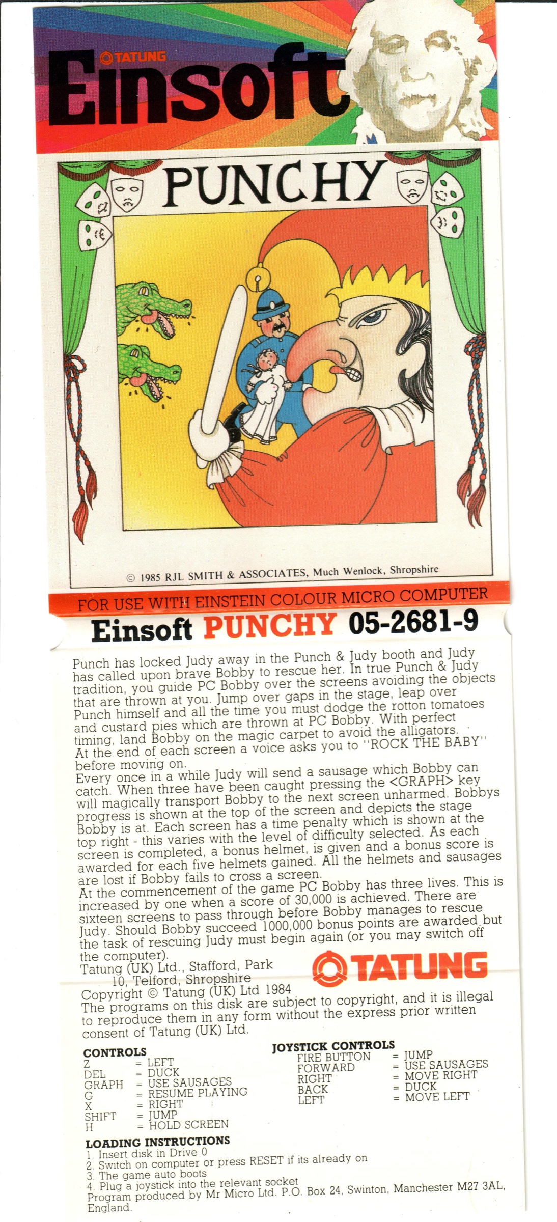 The original Einsoft Punchy inlay, catalogue 05-2681-9: Punch, PC Bobby and the baby in a puppet booth, with the game description, controls and loading instructions