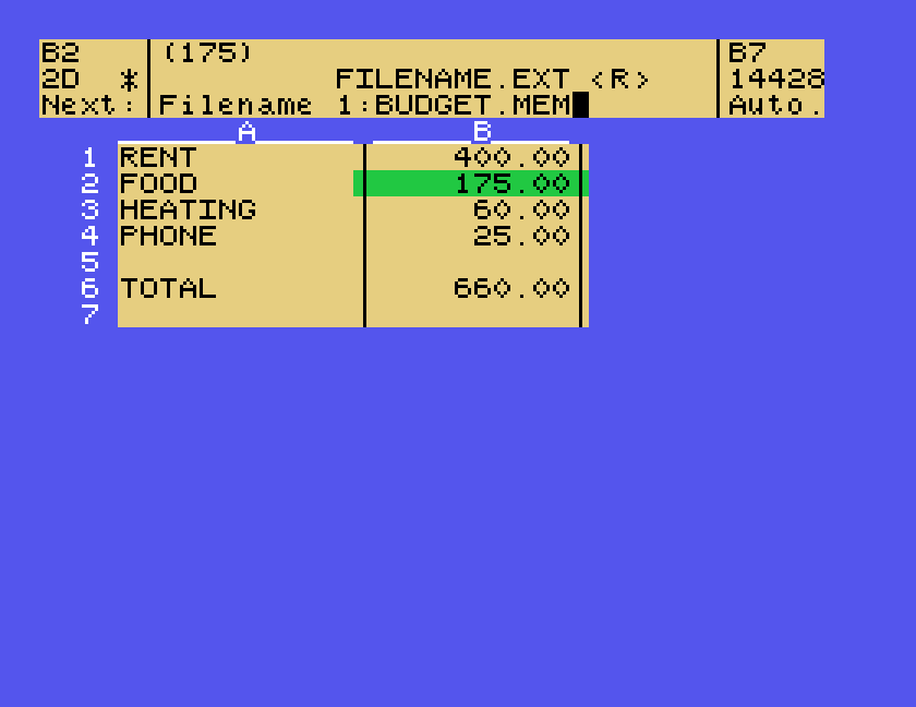 Filename 1:BUDGET.MEM typed at the prompt