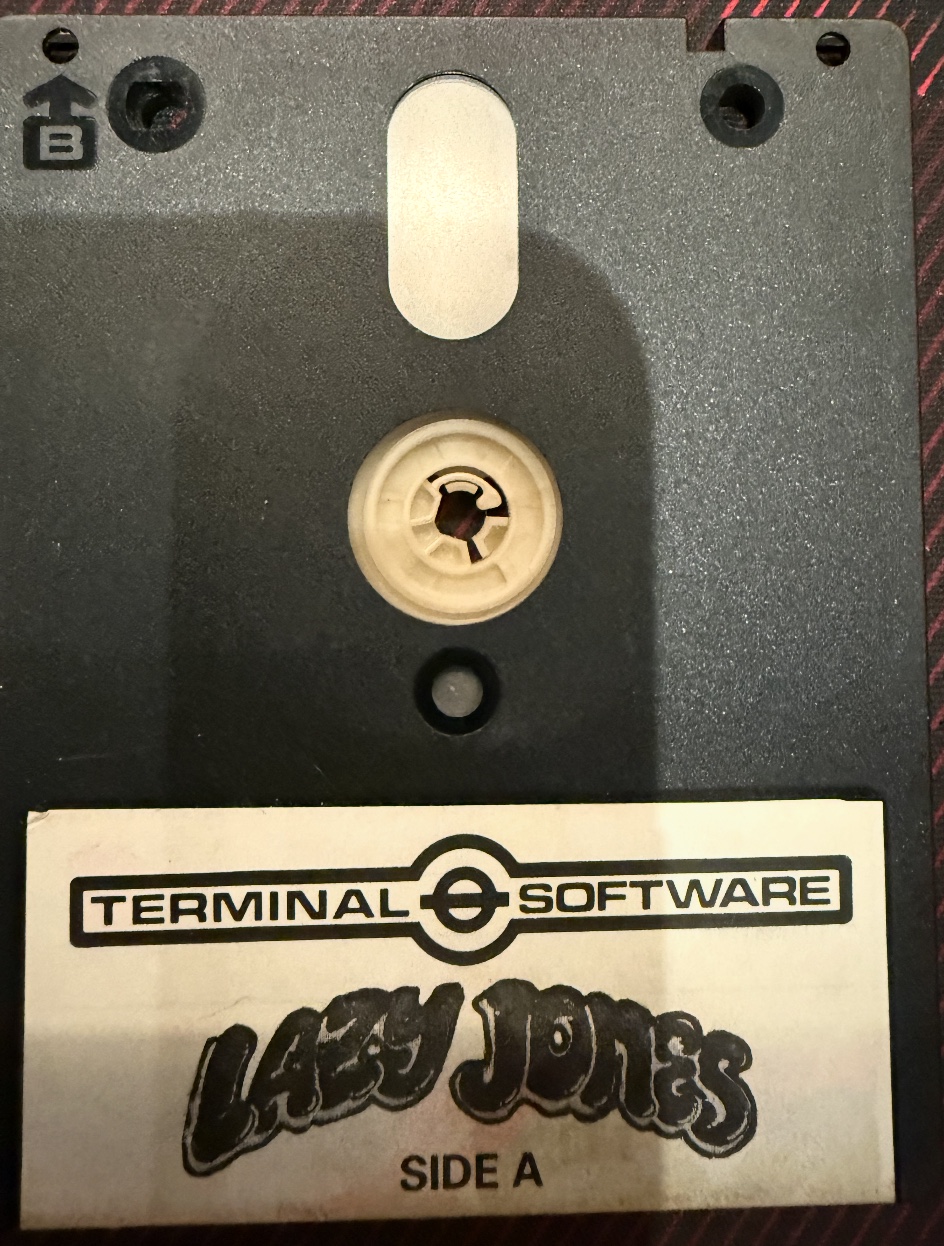 Side A of the original Terminal Software disc, labelled Lazy Jones Side A