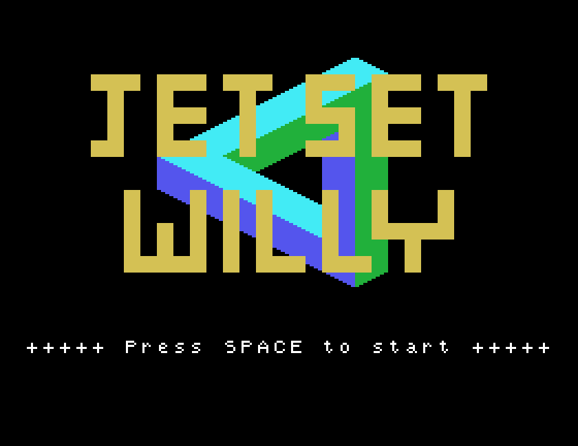 Jet Set Willy's title screen, Press SPACE to start, in MAME on the Tatung Einstein from this disc