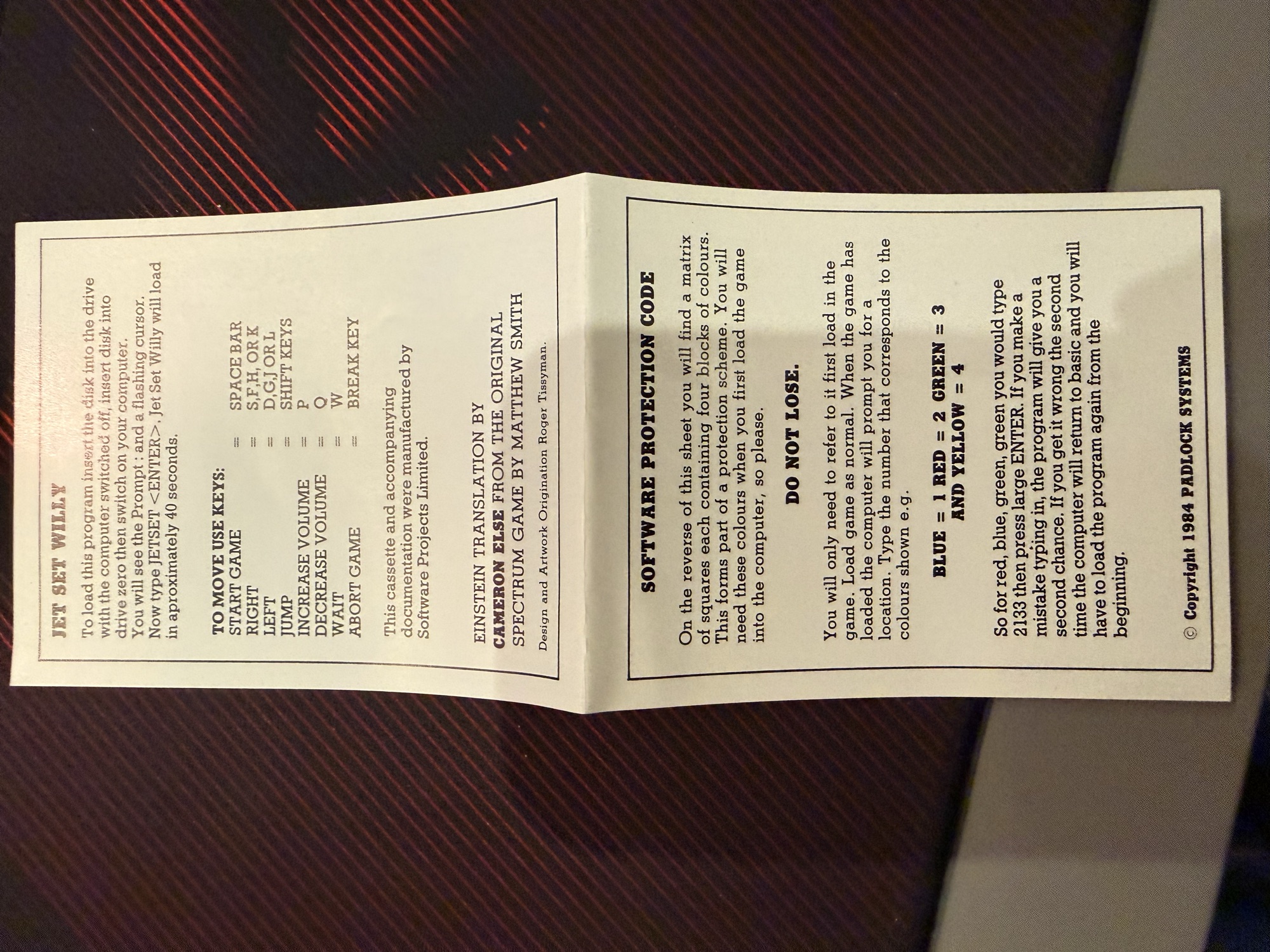 The Jet Set Willy leaflet: loading, keys and the Software Protection Code instructions