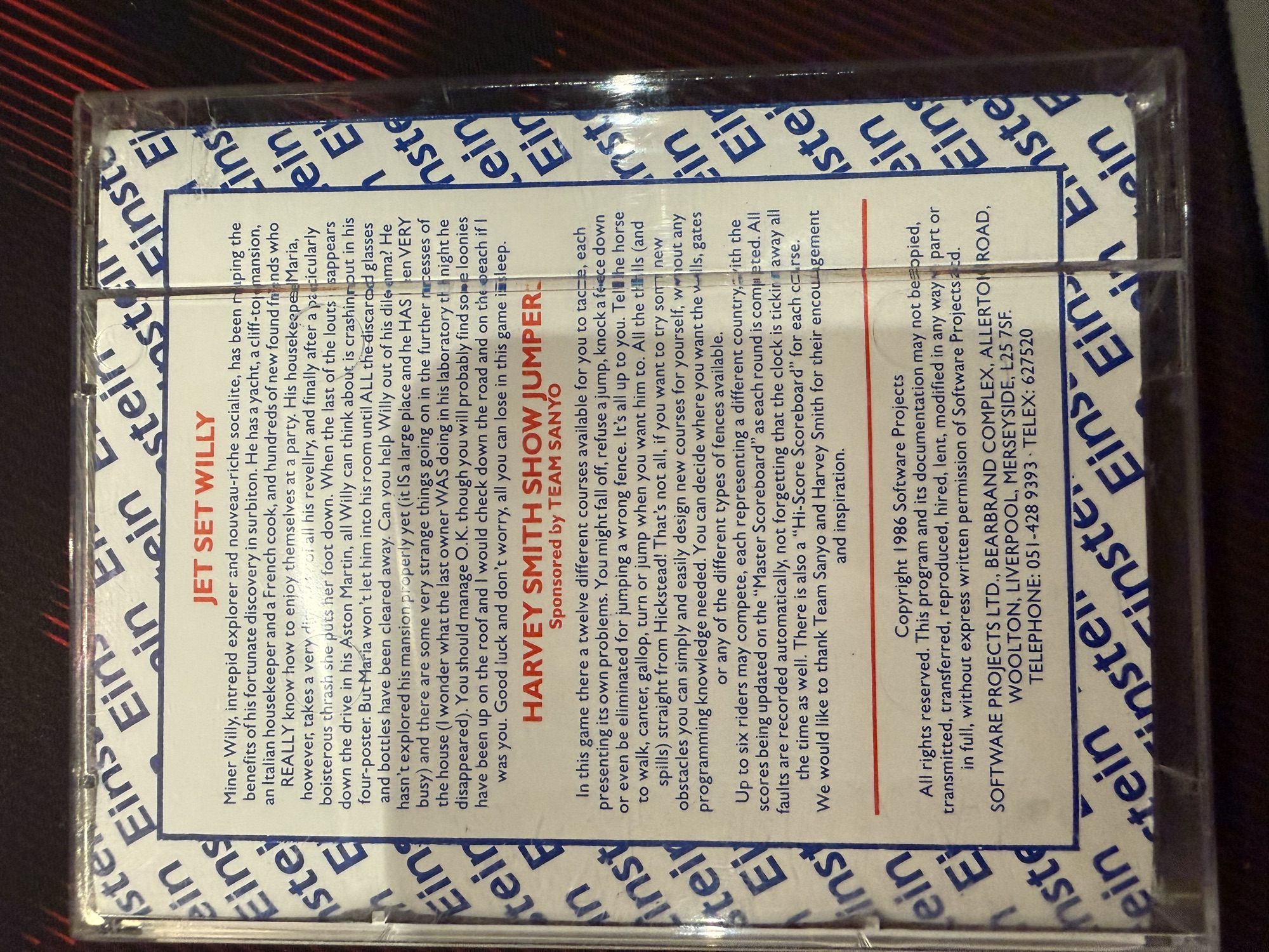 The box back, with the story of each game and Software Projects' Liverpool address