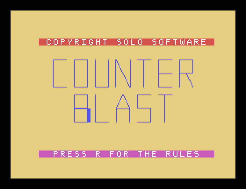 Counter Blast's title screen in MAME on the Tatung Einstein: Copyright Solo Software, Press R for the rules