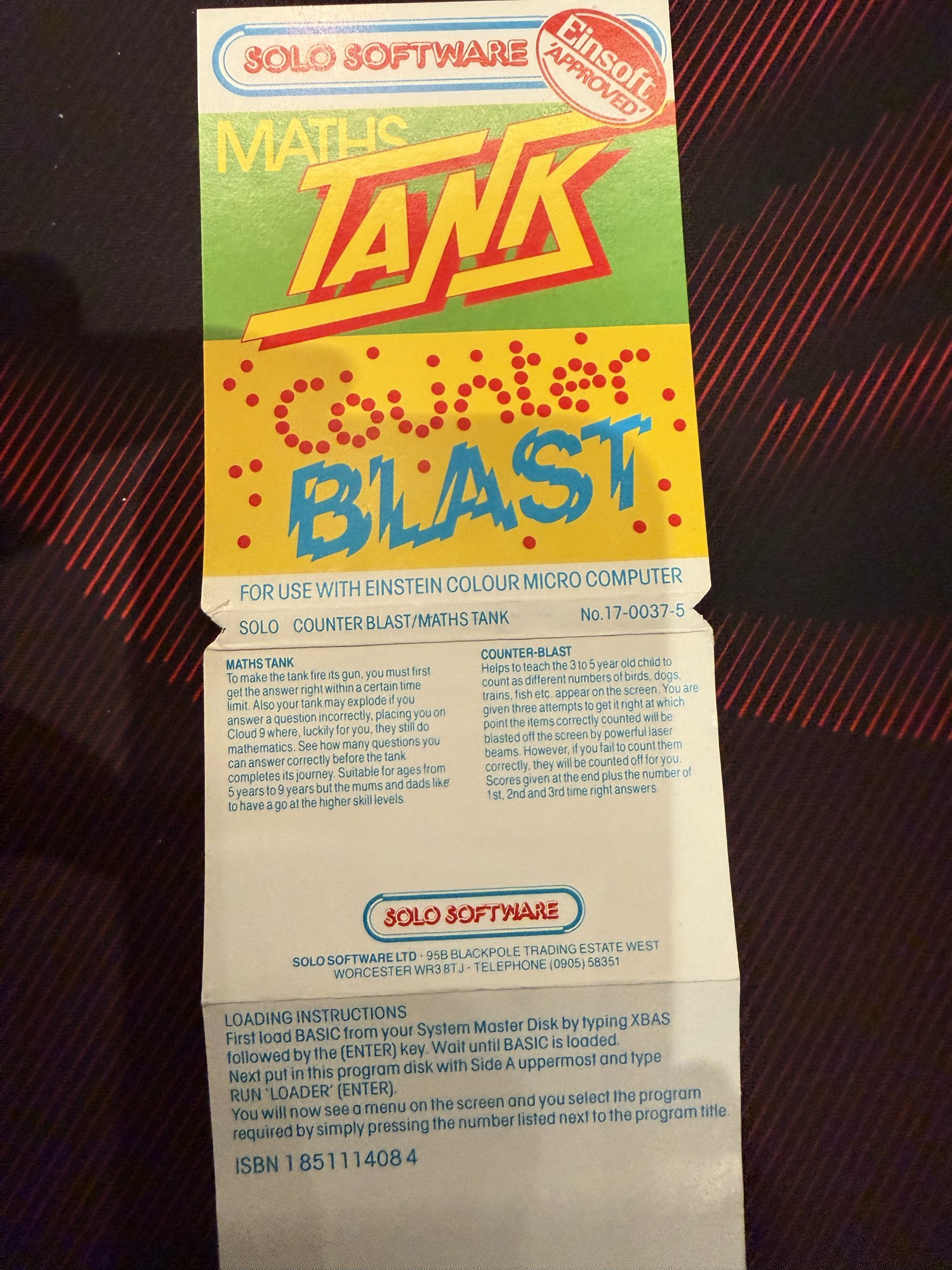 The inlay: Maths Tank and Counter Blast artwork, Einsoft Approved, with the game descriptions and loading instructions