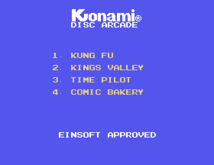 Konami Disc Arcade menu in MAME on the Tatung Einstein: Kung Fu, Kings Valley, Time Pilot, Comic Bakery, Einsoft Approved