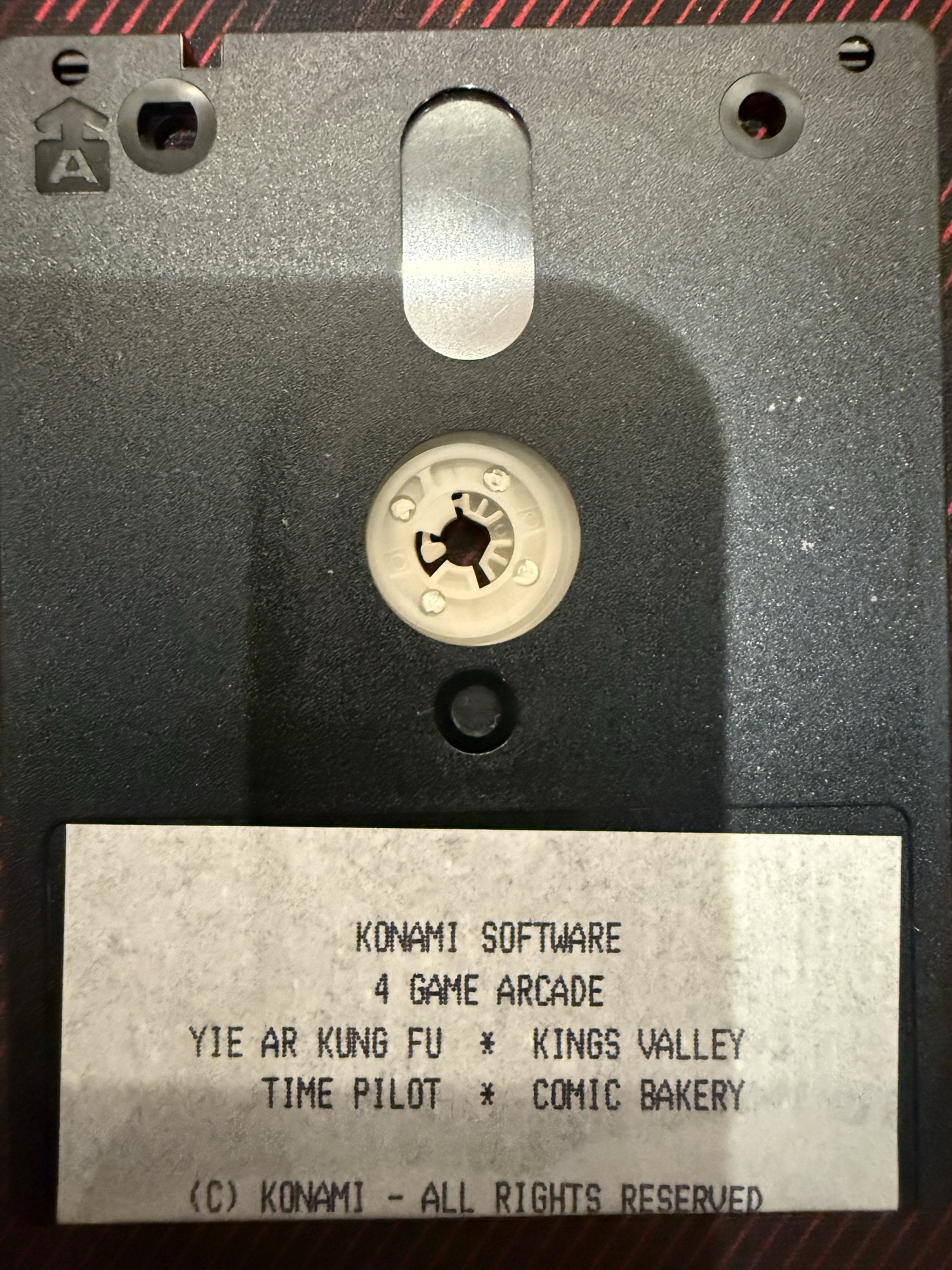 Side A of the original disc: Konami Software 4 Game Arcade, Yie Ar Kung Fu, Kings Valley, Time Pilot, Comic Bakery
