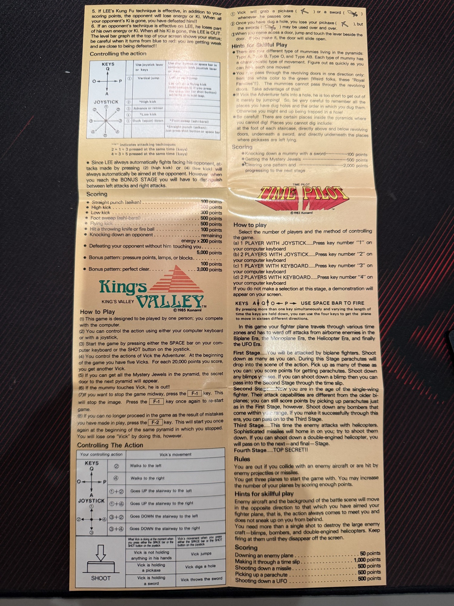 The inlay's other side: instructions for Kings Valley, Time Pilot and Comic Bakery