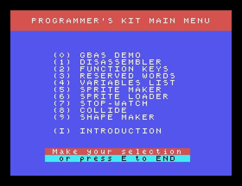 Programmer's Kit Main Menu in MAME on the Tatung Einstein: GBAS demo, disassembler, function keys, reserved words, variables list, sprite maker and loader, stop-watch, collide, shape maker