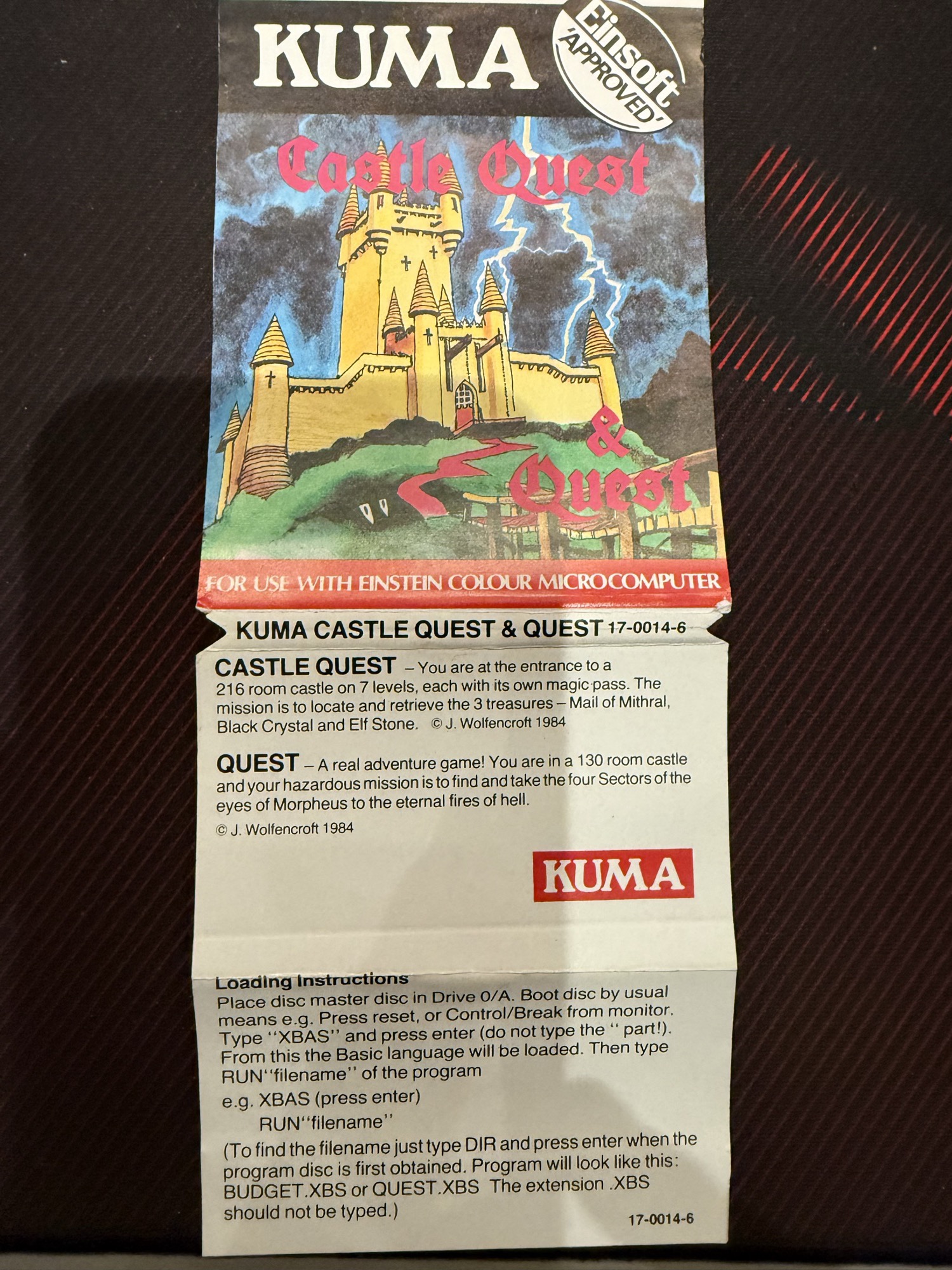 The Kuma inlay: Castle Quest & Quest, Einsoft Approved, 17-0014-6, with loading instructions