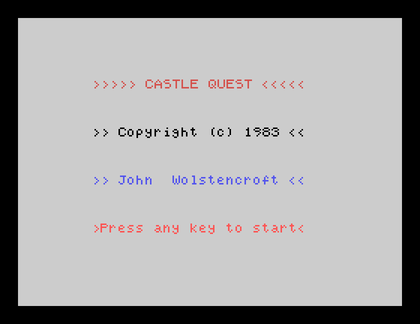 The early Castle Quest's title screen on a grey background: Copyright (c) 1983, John Wolstencroft, Press any key to start