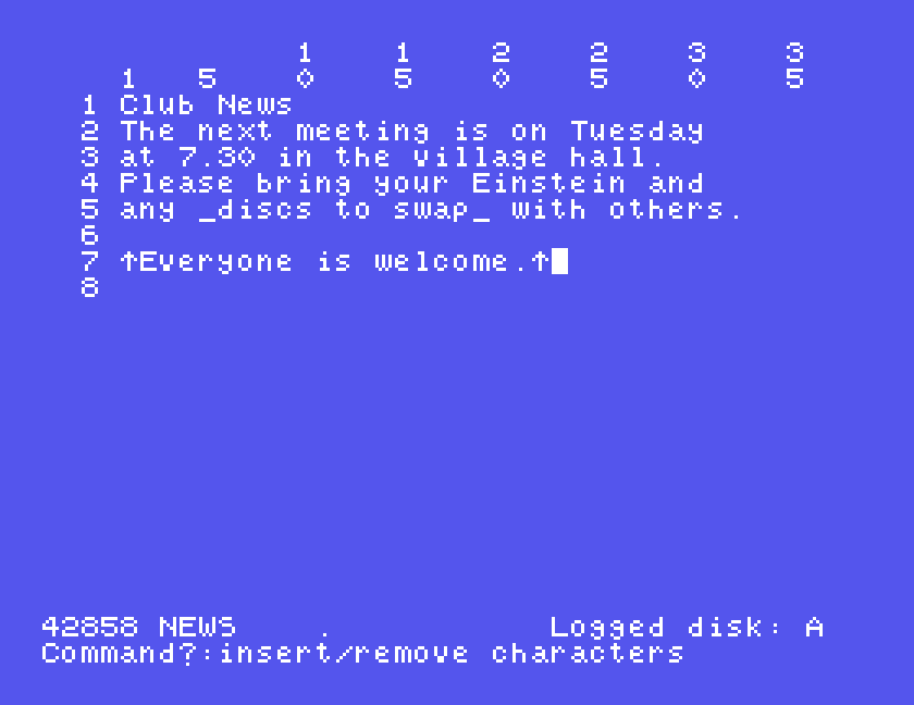 The notice typed in: Club News, a blank line, four lines about a meeting, a blank line, and Everyone is welcome between two arrows