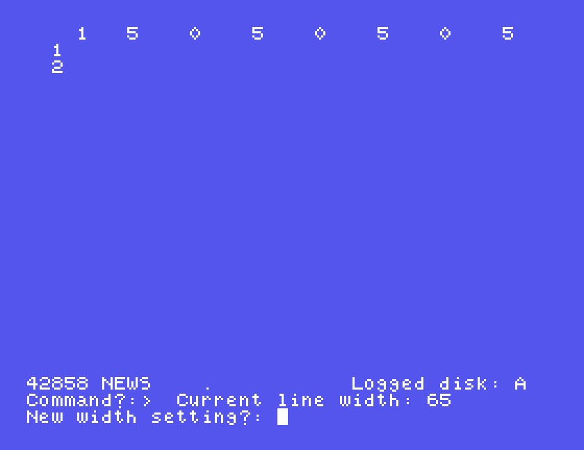 An empty file: a column ruler along the top, line 1 and 2 numbered, and at the bottom 42858 NEWS, Logged disk: A, Command?: