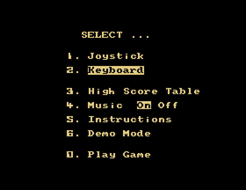 Disco Dan's menu: joystick, keyboard, high score table, music, instructions, demo mode, play game