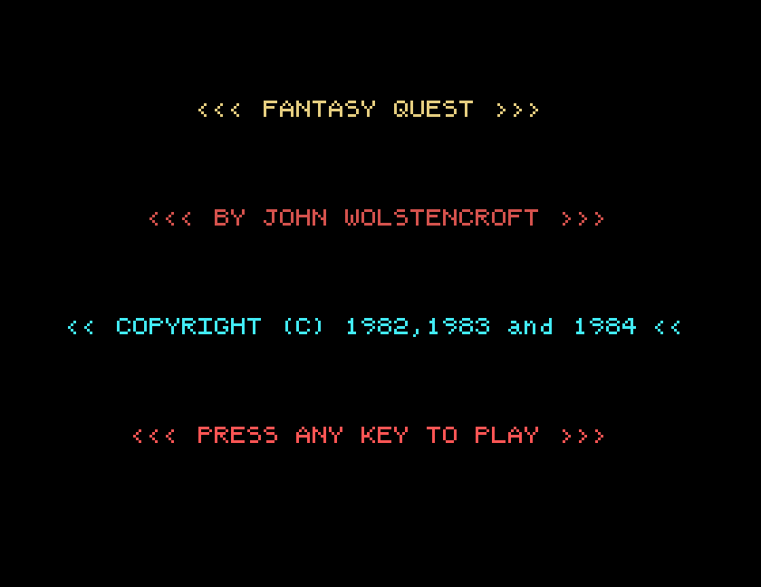 The early Quest's title screen: Fantasy Quest by John Wolstencroft, Copyright (C) 1982, 1983 and 1984