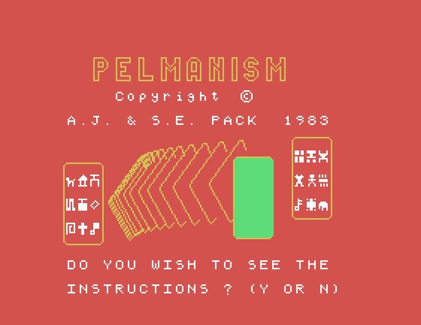 Pelmanism title screen with a fan of cards: Copyright A.J. & S.E. Pack 1983