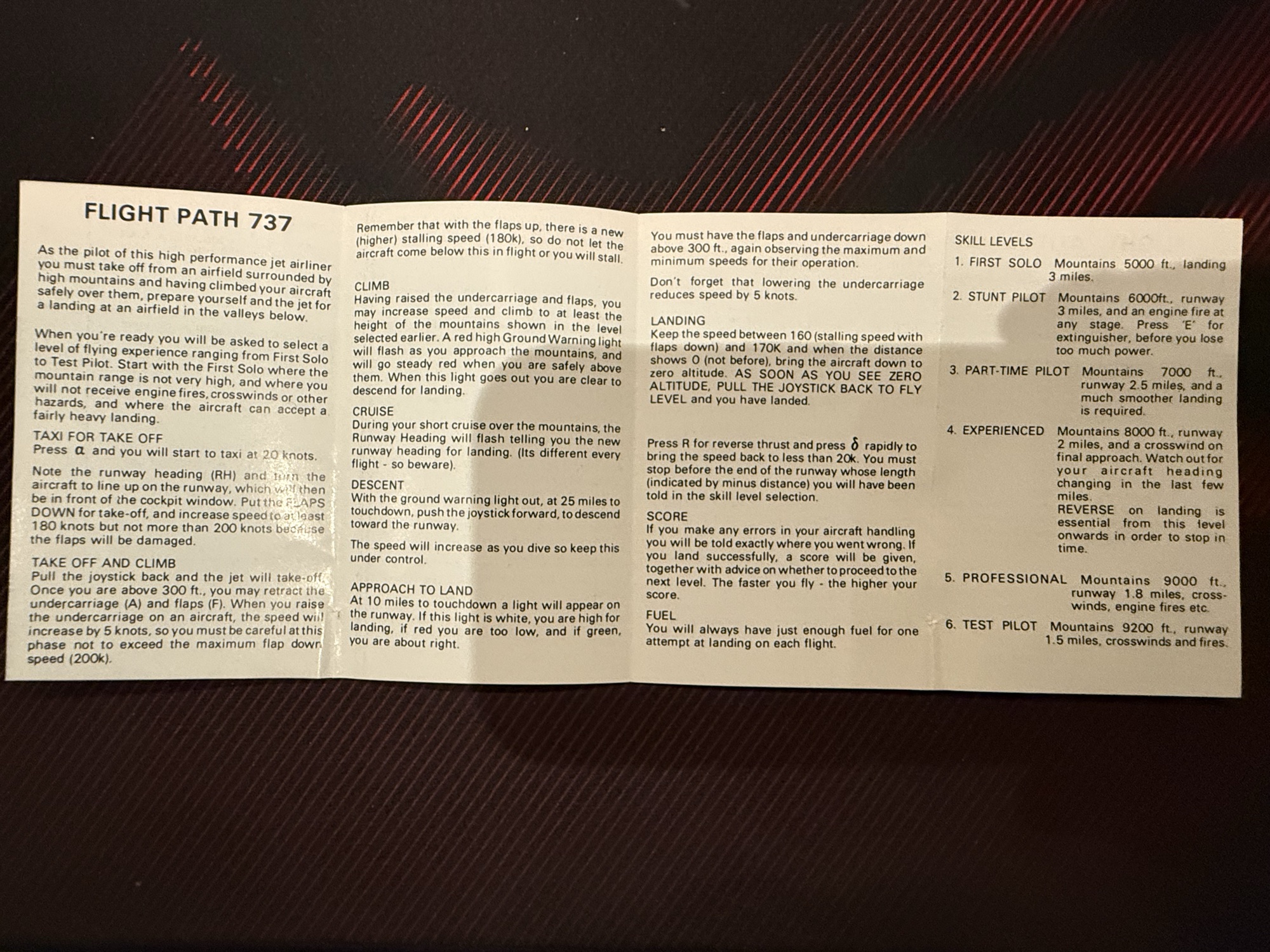 Inside the instruction booklet: take-off, climb, cruise, descent, landing and the six skill levels