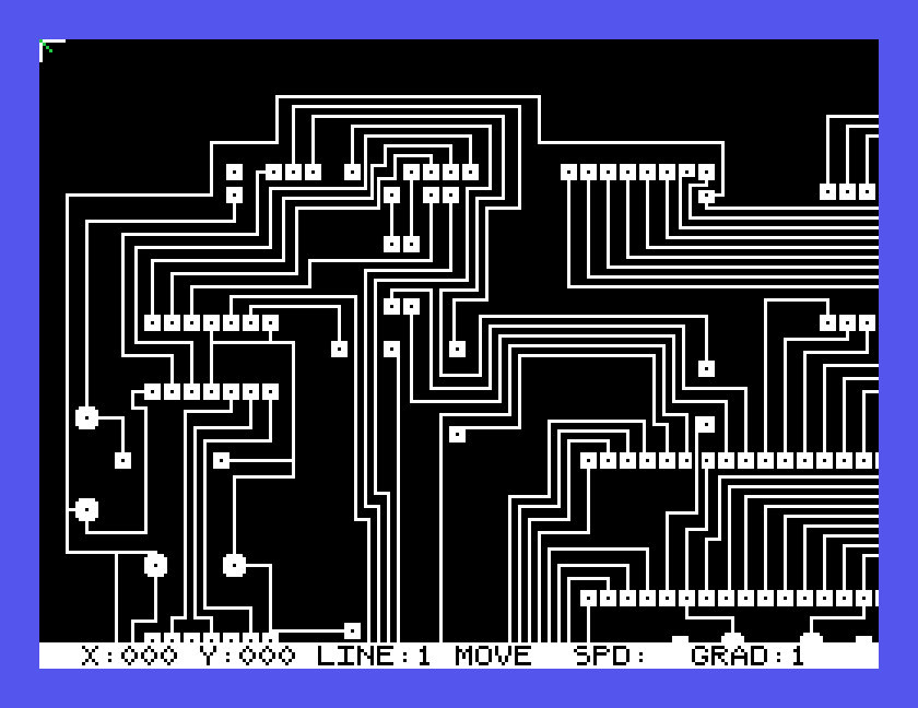 The demo board on screen: rows of chip pads joined by many parallel white tracks on black, with the status row along the bottom