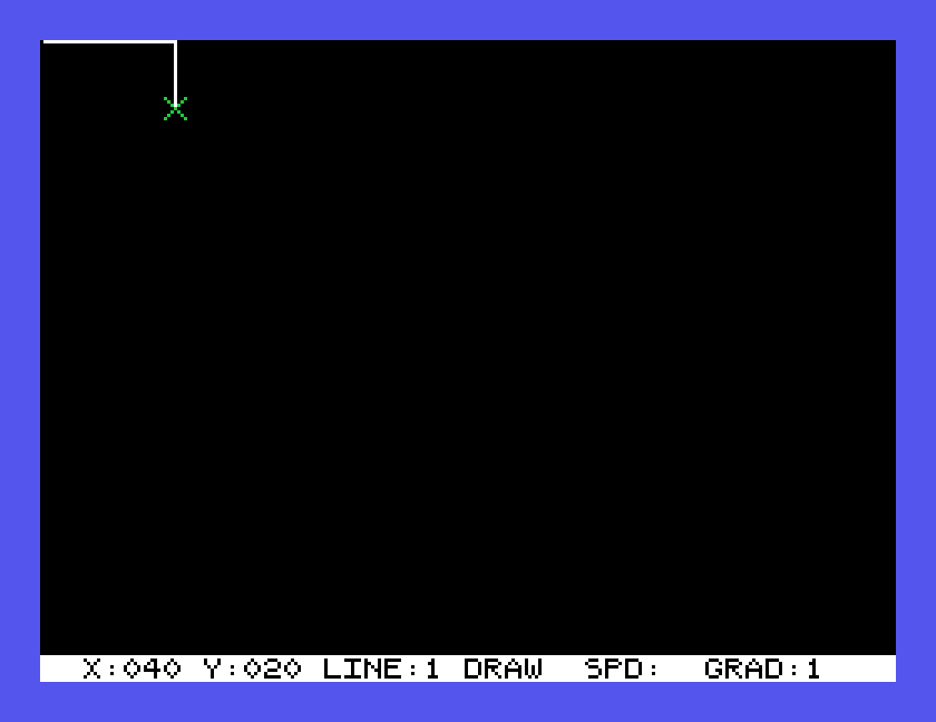 A track running right from the top left corner and turning down, the cursor at its end, and DRAW in the status row