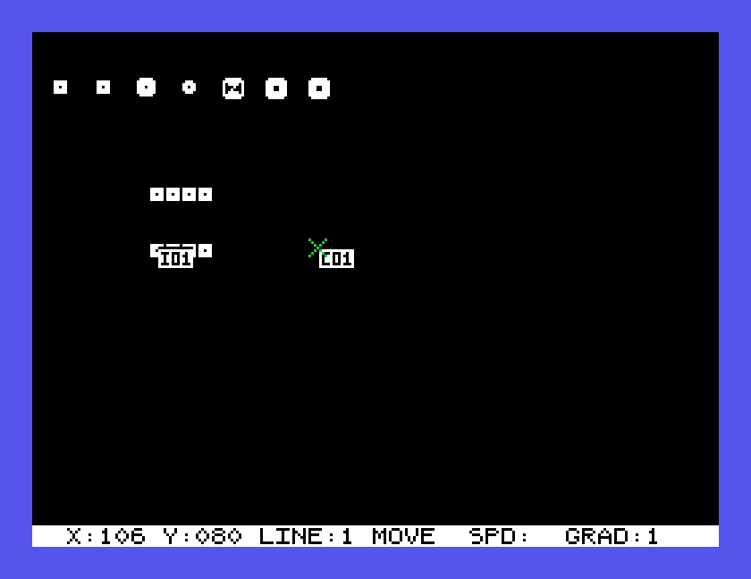 Seven pads in a row, one of each type; below them an 8-pin chip labelled I01, and the label C01 beside the cursor