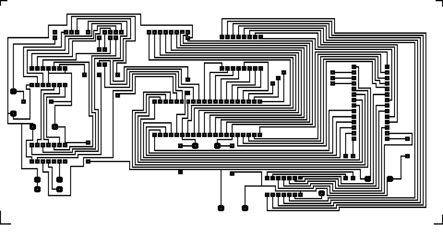 The printout of the demo board: black tracks and pads on white, with corner marks at the four corners
