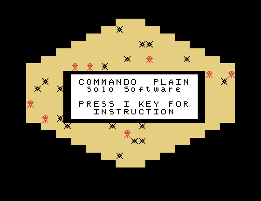 Commando Plain title over the minefield, Solo Software, Press I key for instruction