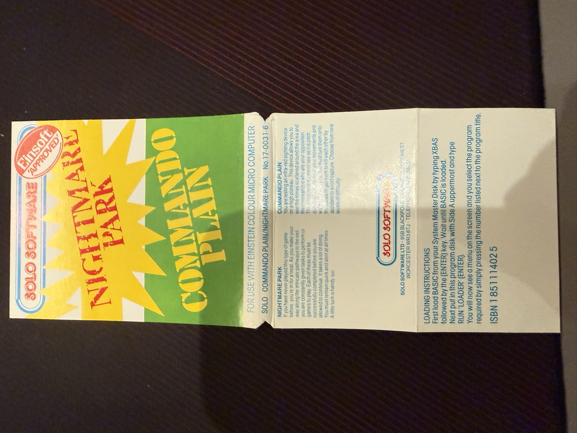 The Solo Software inlay with game descriptions and loading instructions