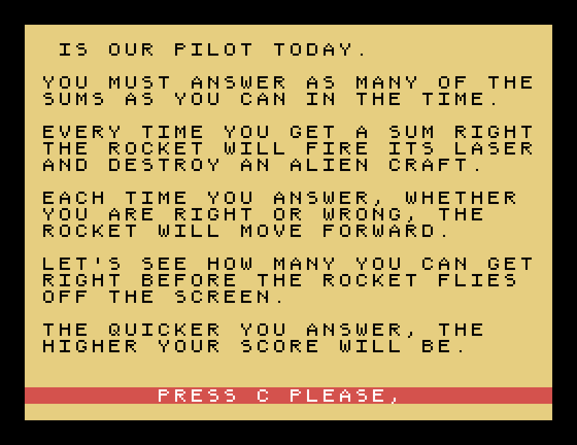 Rocket's instructions: answer the sums to fire the rocket's laser