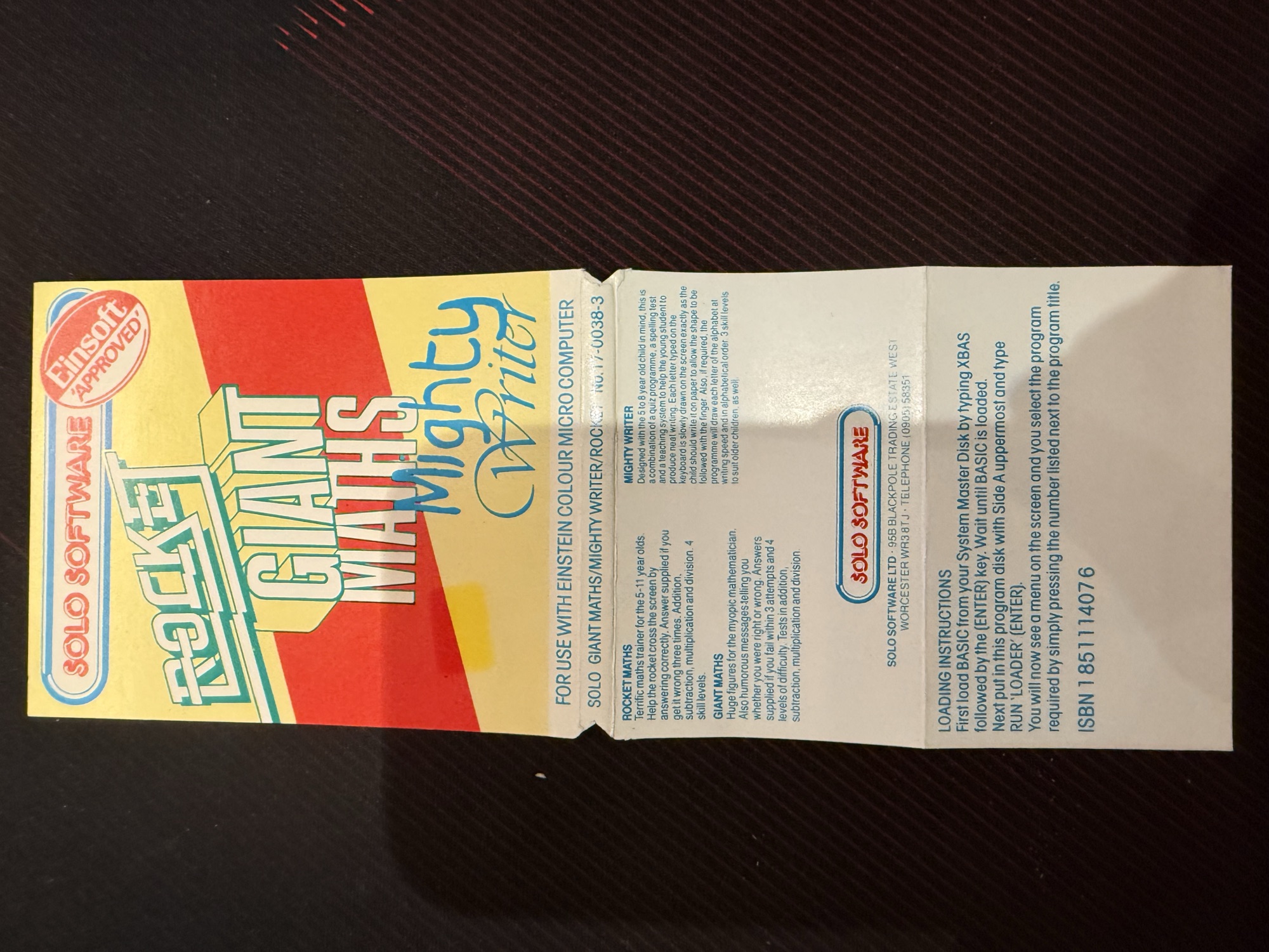 The Solo Software inlay with descriptions and loading instructions