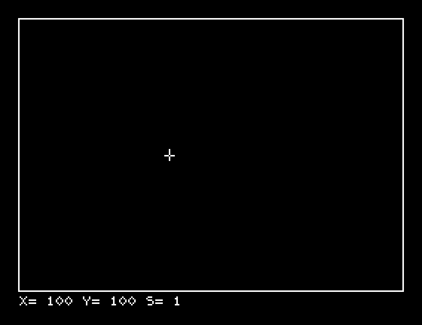 An empty black screen framed in white, a small cross cursor in the middle, and X= 100 Y= 100 S= 1 below it