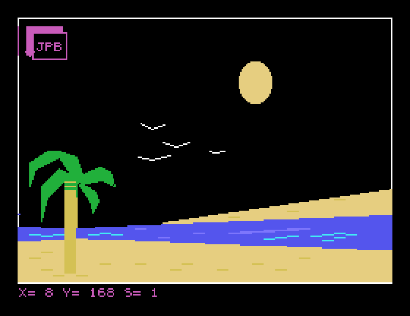A desert island in Superdraw: a palm tree on yellow sand, blue sea, a pale moon and birds, signed JPB in the corner