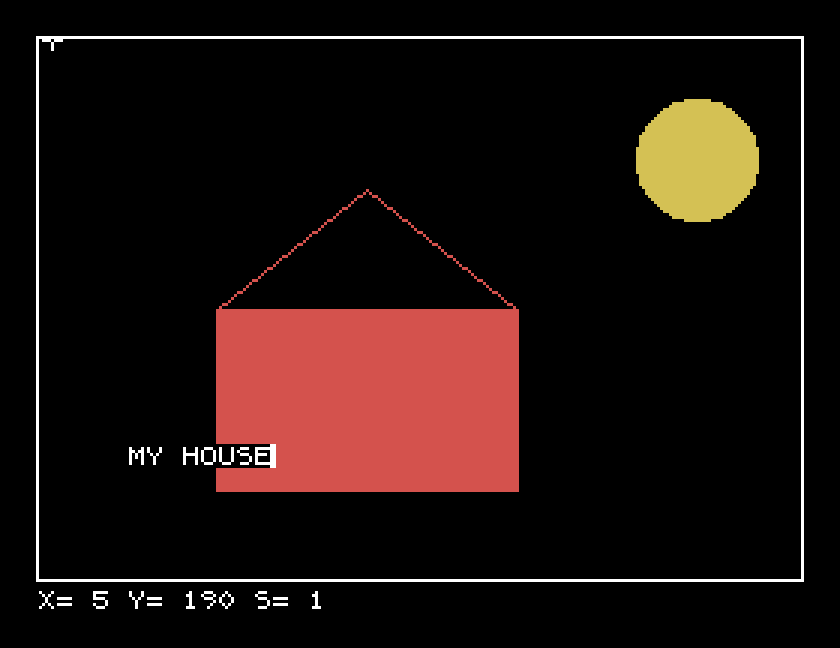 A red house with a filled front and a pointed roof, a yellow sun, and the words MY HOUSE